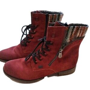 Rieker Red Suede 70840-35 Boots Knit Accent Side Zipper Water Resistant Size 40
